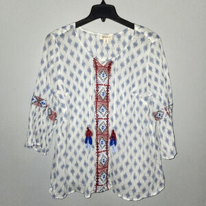 Style and co women's long sleeve top blouse size 2X white and blue sheer